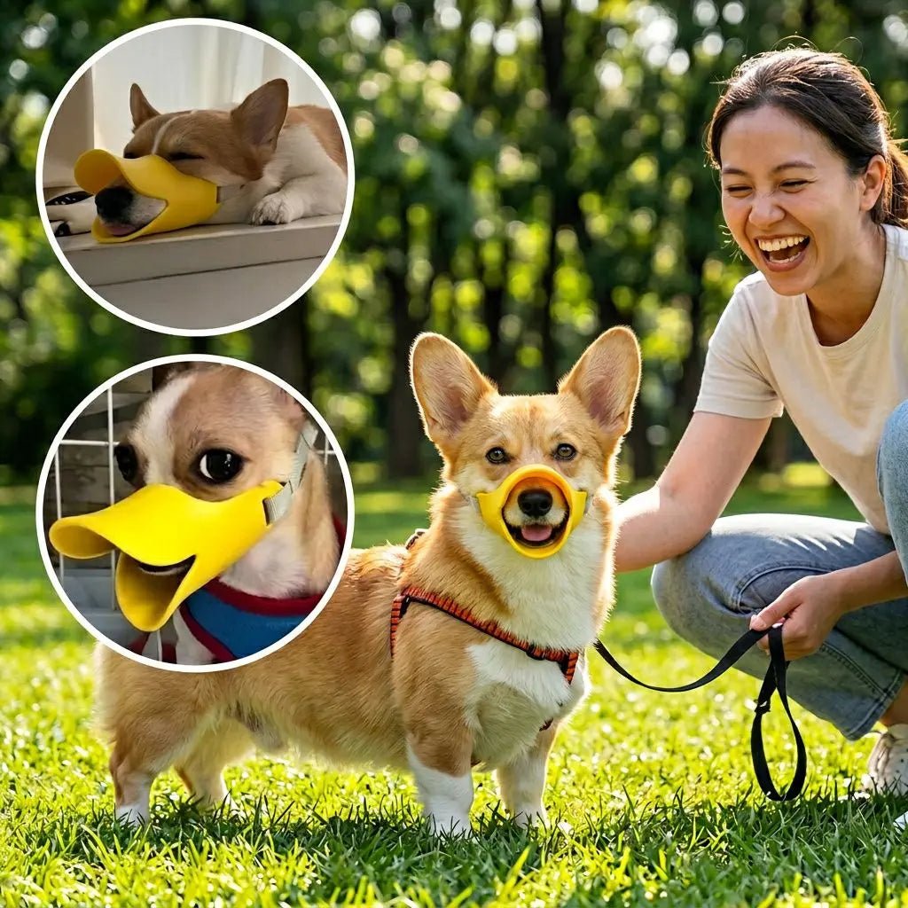 Muselière pour chien Tinour: chien corgi avec museau jaune, promenades dans le parc, femme souriante à côté.