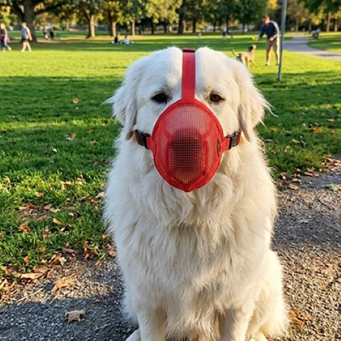 Chien blanc portant une muselière rouge sur le museau, la gueule ouverte, en extérieur dans un parc. Muselière pour chien / Troylie.