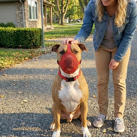 Chien assis sagement avec muselière rouge ajustée, sur une allée d'entré de maison; femme en  pantalon beige le caresse gentiment. Muselière chien / Troylie.
