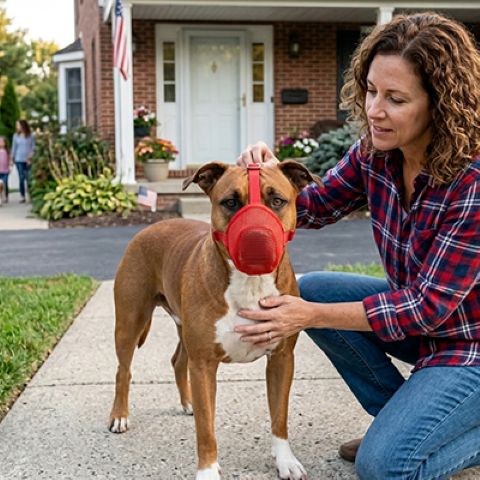 Chien avec muselière filet rouge, aimable femme agenouillée à côté du chien pitbull, devant une maison, démonstration d’une muselière pour chien.