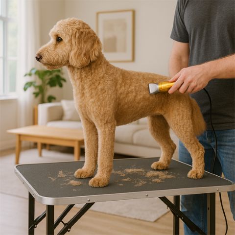 Tondeuse chien Shrek: un chien aux poils frisés sur une table de toilettage, un homme faisant le trimming avec appareil électrique.