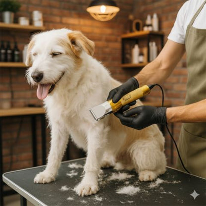 Tondeuse chien en action: un chien blanc sur une table de toilettage pendant qu'un employé taille ses poils avec une tondeuse électrique, lumière chaleureuse en arrière-plan.