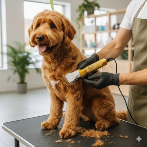 Tondeuse chien/Shrek en action: chien assis sur une table de toilettage, coupe des poils avec une tondeuse électrique tenue par un groomer portant gants noirs.