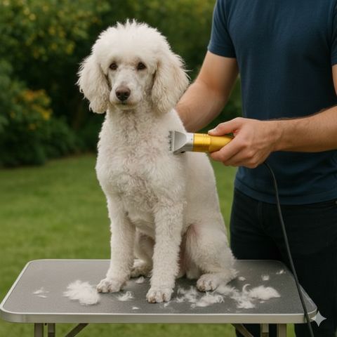 Tondeuse chien sur table, chien blanc coiffé pendant que l’homme tient l’appareil de coupe. (Shrek)